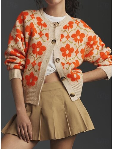  בגדי ריקוד נשים קרדיגן אלגנטית וינטאג' אופנתי פרחוני צווארון עגול קצר פרחוני דפוס שרוול ארוך חולצות רגילות לִסְרוֹג יומי כתום אביב סתיו