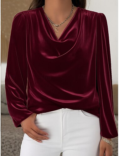  Camisa feminina de veludo natalina vintage para festa, feriado, semi-formal, formal, nas cores preto, vinho, azul, roxo e verde, ideal para outono e inverno.