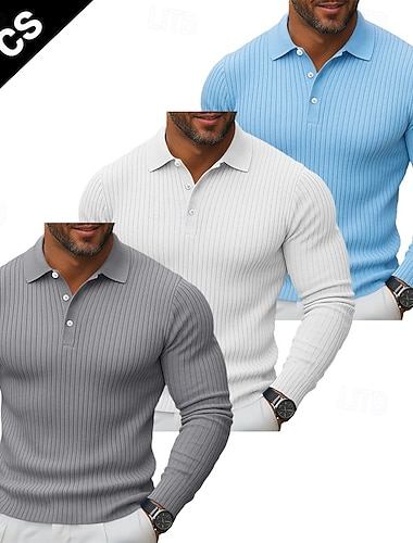 Pánské tričko s žebrovaným úpletem, 3 ks, golfové polokošile, vícebalení, street casual, klopy, dlouhý rukáv, základní, moderní, bez knoflíků, jaro, podzim, celá roční období, slim fit, žebrovaný   Pánské tričko s žebrovaným úpletem, 3 ks, golfové polokošile, vícebalení, street casual, klopy, dlouhý rukáv, základní, moderní, bez knoflíků, jaro, podzim, celá roční období, slim fit, žebrovaný