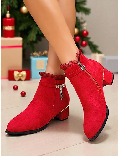  ラインストーンリボン付きレディースレッドアンクルブーツ - クリスマスパーティーや冬のファッションにぴったりのエレガントなホリデーヒールブーツ