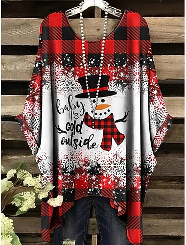  חג המולד בגדי ריקוד נשים חולצה גראפי איש שלג אלגנטית וינטאג' טרופי שרוולים קצרים חצי שרוול שרוול עטלף צווארון עגול קצר חולצות רגילות יומי חגים בגדי נופש לבן אודם חאקי סתיו חורף
