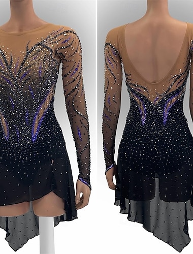  フィギュアスケート ドレス 女性用 女の子 アイススケート ドレス ブラック パッチワーク オープンバック スパンデックス メッシュ 高弾性 訓練 プロフェッショナル 競技大会 スケートウェア クラシック クリスタル・ラインストーン 長袖 アイススケート フィギュアスケート