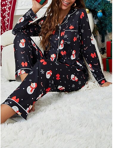  jul damepysjamas loungewear pysjamassett varm aktiv mote grafisk julenissen snøfnugg knepping skjorte bukser jul nyttår langermet jakkeslag svart hvit rød vår høst vinter