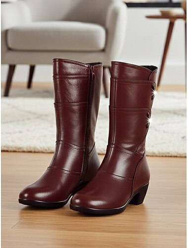  מגפי נשים חומים עד אמצע השוק עם עקבים נמוכים ורוכסן צדדי, נעלי עור נוחות ואופנתיות ללבישה יומיומית, עבודה &בגדי חורף לסתיו