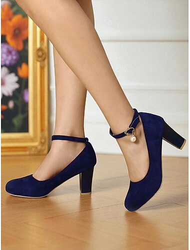  Dame gule ruskindssko med blokhæl, ankelrem og perlevedhæng - elegante vintage retro-sko fra 1950'erne til bryllupper og cocktailfester &aftentøj