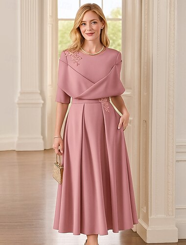  A-linje Te-lengde Festkjole Cocktail Kjole Kjole med vidt skjørt Halvlange ermer Crew-hals Elegant Årgang Fest Polyester Kjole til brudens mor med Plissert Broderi