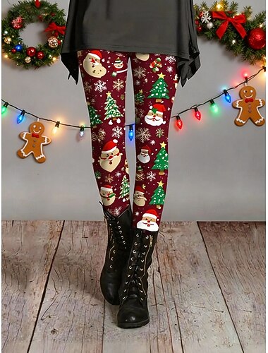  女性用 レギンス 心地よいレギンス 旅行度假风 カジュアル 全長 ハイウエストPantsクリスマス クリスマスツリー スノーフレーク柄 プリント 快適 伸縮性あり バケーション カジュアル 日常 ワイン 春 秋 冬 タイト