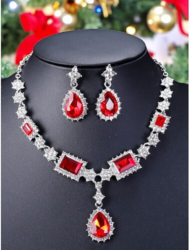  Sett med røde edelstenskjeder og øredobber til dame, elegante krystallsmykker til julefester, julegaver &formelle anledninger