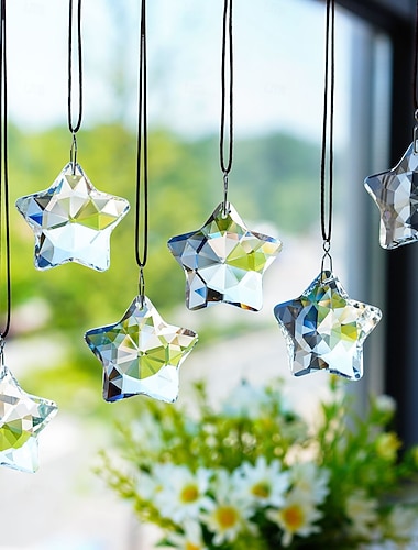  Lot de 6 décorations de Noël en verre transparent facetté, étoiles à suspendre, idéales pour centres de table, attrape-soleil, ornements en cristal pour sapin de Noël, fenêtres, lustres, mariages,