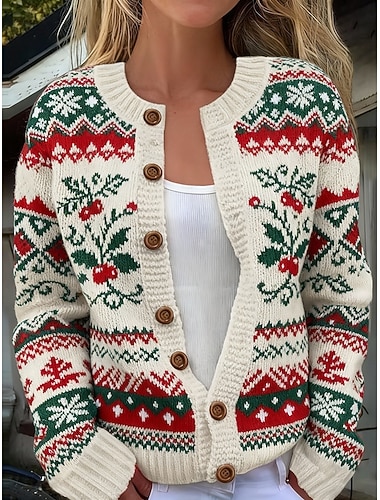  Dámské Vánoční svetr Fair Isle svetr Kardigan Módní Denní Na běžné nošení Grafika Rýhovaný Tričkový Knoflíky Tisk Dlouhý rukáv Běžné topy Plést Vánoce Venkovní Denní Béžová Podzim Zima