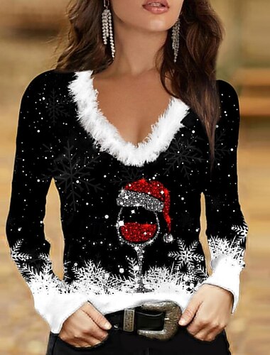  Jul Dame Bluse Grafisk Snøfnugg Vinglass Fritid Langermet V-hals Vanlige topper Daglig Lapper Trykt mønster Blå Svart Lysegrønn Rød Høst Vinter