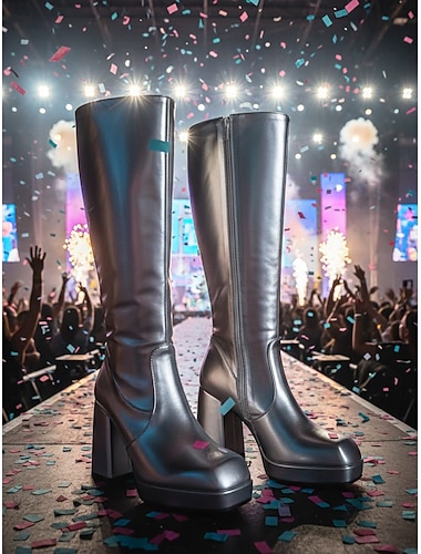  stivali alti fino al ginocchio con plateau color argento metallizzato da donna, stivali go-go con tacco a blocco retrò disco anni '80 per palcoscenici k-pop, feste &spettacoli concertistici