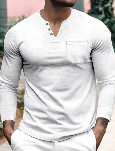 Herren T Shirt T-Shirt Langarmshirt Langarm V Ausschnitt Frühling Herbst Einfach Mode Designer Basic Taschen Knöpfe Urlaub Straße Ausgehen Schwarz Weiß Wein Top T-Shirt für Herren   Herren T Shirt T-Shirt Langarmshirt Langarm V Ausschnitt Frühling Herbst Einfach Mode Designer Basic Taschen Knöpfe Urlaub Straße Ausgehen Schwarz Weiß Wein Top T-Shirt für Herren