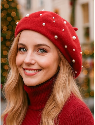 Cappello da donna in finto cashmere natalizio, elegante cappello invernale decorato con perle, berretto caldo e morbido in stile francese per le feste, le feste e l'uso quotidiano, opzioni multicolore   Cappello da donna in finto cashmere natalizio, elegante cappello invernale decorato con perle, berretto caldo e morbido in stile francese per le feste, le feste e l'uso quotidiano, opzioni multicolore