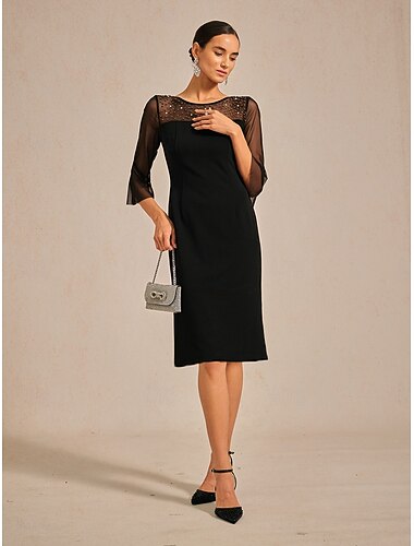  בגדי ריקוד נשים שמלה באורך הברך שמלה שחורה שמלות חצי פורמליות חופשה שרוול 4\3 צווארון עגול קצר שחור