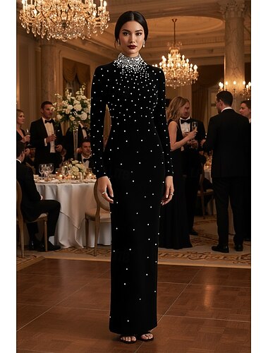  トランペット／マーメイド フロア丈 卒業ドレス イブニングドレス ボールガウン フォーマルドレス エレガント きらびやかな セレブスタイル 長袖 ハイネック フォーマル 結婚式 ストレッチクレープ ととも​​に パール装飾