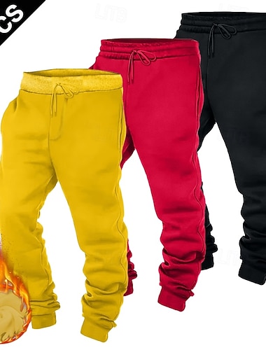  Мульти пакеты 3шт Муж. Красный+Фиолетовый+Желтый Штаны Джоггеры Флисовые штаны Кулиска Эластичная талия Полотняное плетение Отпуск На каждый день Полиэстер Осень