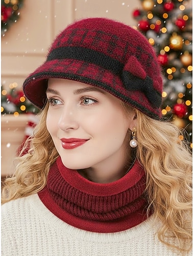  طقم قبعة وغطاء رقبة من الأكريليك لعيد الميلاد للنساء - تصميم مضلع مريح مع تفاصيل فيونكة، متوفر بألوان متعددة، مثالي لعطلات الشتاء والمناسبات الاحتفالية