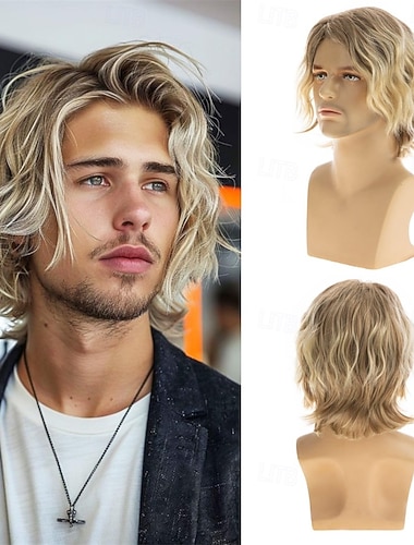  férfi rövid göndör szőke paróka természetes kinézetű, piszkos szőke haj paróka mindennapi partira