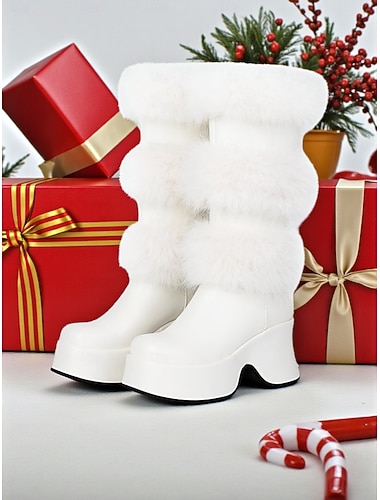  Botas navideñas de plataforma de piel sintética blanca para mujer con ribete de piel sintética: estilo festivo elegante, perfectas para fiestas navideñas y celebraciones invernales.