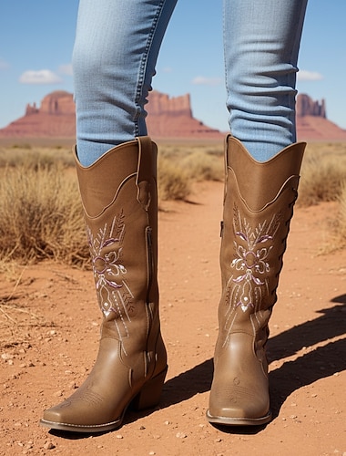 cizme de cowboy de damă maro brodate cu șireturi peste genunchi, în stil occidental pentru ținute casual și evenimente country   cizme de cowboy de damă maro brodate cu șireturi peste genunchi, în stil occidental pentru ținute casual și evenimente country