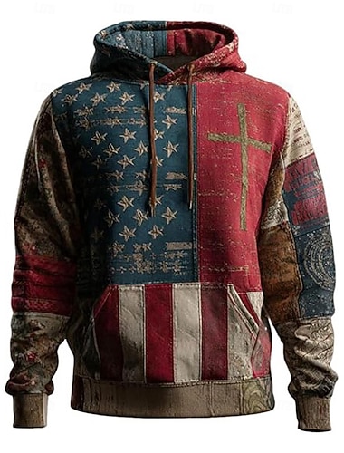  Herren Kreuz Amerikanische Flagge Kapuzensweatshirt Mode Lässig Vintage-Retro Langarm Mit Kapuze Urlaub Party Streetwear Festival Blau Drucken Herbst Winter Designer S M L XL 2XL 3XL