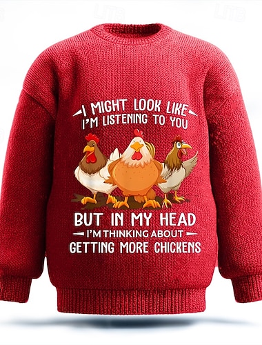  אני אולי נראה כאילו אני מקשיב לך אבל בראש שלי אני חושב על לקנות עוד תרנגולות סוודר לגברים עם תרנגול, צווארון עגול, קז'ואל, חופשה, רחוב, יומי, הדפס תלת מימד