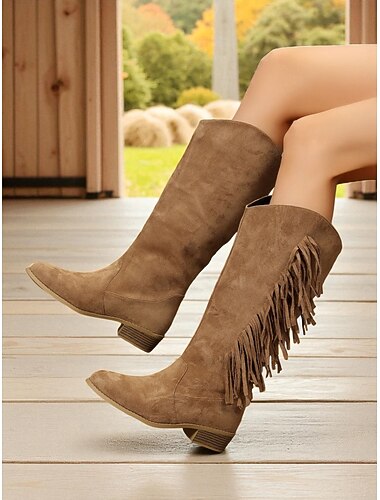  Women's Fringed Faux Suede Boots - Western Style Mid Calf Boots, Casual and Chic for Fall and Winter