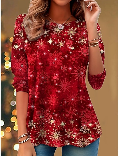Weihnachten Damen Tunika Grafik Schneeflocke Vintage Stilvoll Klassisch Langarm Rundhalsausschnitt Normale Oberteile Täglich Druck Rosa Rote Blau Grün Herbst Winter   Weihnachten Damen Tunika Grafik Schneeflocke Vintage Stilvoll Klassisch Langarm Rundhalsausschnitt Normale Oberteile Täglich Druck Rosa Rote Blau Grün Herbst Winter