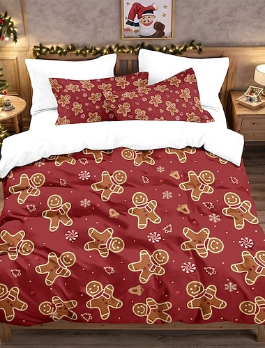 Julpepparkaksgubbe tryckt 3-delat duntäckeset, bekväma sängkläder för hotell eller sovrum, inkluderar 1 påslakan + 2 örngott, queen size-säng, mjukt kort fluff   Julpepparkaksgubbe tryckt 3-delat duntäckeset, bekväma sängkläder för hotell eller sovrum, inkluderar 1 påslakan + 2 örngott, queen size-säng, mjukt kort fluff