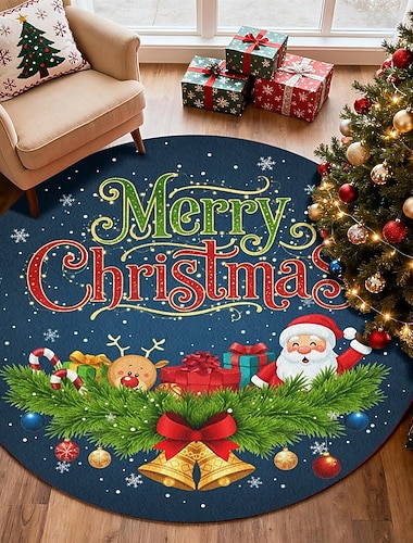  Fröhliche Weihnachten runder Teppich für Wohnzimmer und Schlafzimmer Kunstkaschmir Xmas Weihnachtsmann und Rentier festlicher Teppich weich rutschfest maschinenwaschbare Matte festliche dekorative