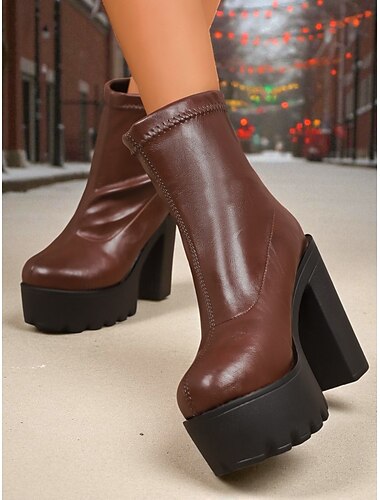  női barna vastag platformos bokacsizma magas sarkú cipővel – stílusos cipzáras hétköznapi és utcai viseletre egyaránt alkalmas csizma