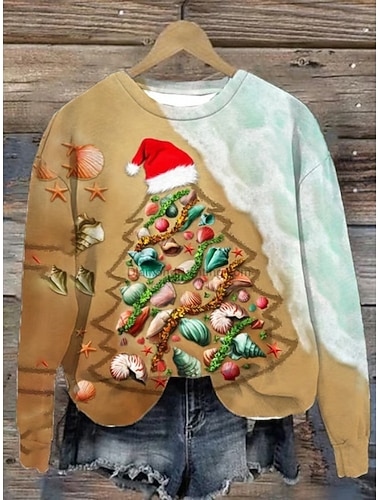  Dame Genser med genser Grafisk Juletre Fritid Langermet Rund hals Vanlige topper Gate Hverdag Avslappet Lapper Lys Rosa Hvit Brun Sommer Vår Høst Vinter