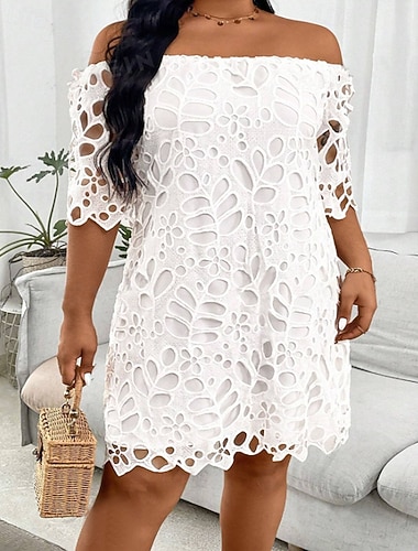  בגדי ריקוד נשים שמלת מיני שמלה לבנה אופנתי מודרני מִשׂרָד ליציאה רגיל אחיד חצי שרוול סירה מתחת לכתפיים לבן אביב סתיו