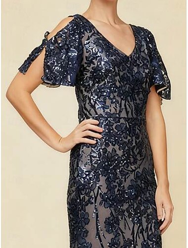  בגדי ריקוד נשים שמלת מקסי שמלה בגזרה ישרה אלגנטית מפלגה מסיבת ערב רגיל פרחוני חצי שרוול צווארון עגול קצר כחול נייבי קיץ אביב סתיו חורף