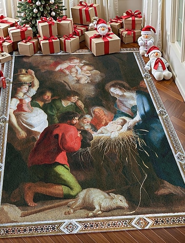 Krippe Teppich für Wohnzimmer und Schlafzimmer Faux Kaschmir Jesus Geburts Teppich mit Maria Josef und Baby Jesus religiöse Weihnachtskunst weich rutschfest maschinenwaschbar Teppich,
