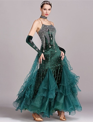  女性用社交ダンスドレス、エメラルドグリーンのラインストーン、ベルベット、メッシュ、オーガンザ、レイヤード、タンゴ、ワルツ、フォックストロット、競技パフォーマンスガウン