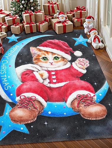  Weihnachtsmond Katzenbereich Teppich für Wohnzimmer und Schlafzimmer Faux Kaschmir Niedliche Katze im Weihnachtsmann auf dem Mond Teppich Festliche Feiertagskunst Teppich Weich Rutschfest