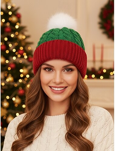  Bonnet de Noël en tricot torsadé pour femme avec pompon, vert et rouge festifs, parfait pour la saison des fêtes