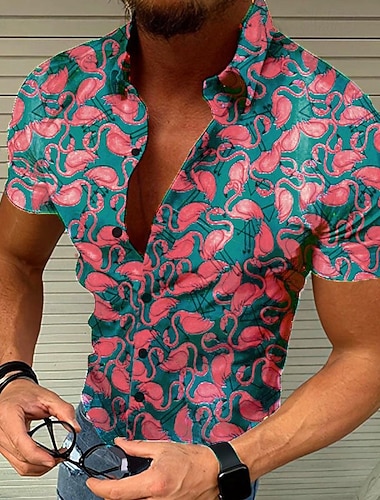  Homens Flamingo Tropical Camisa Social Camisa havaiana Camiseta Aloha Manga Curta Camisa Aberto para a Lateral Exagerado Designer Casual Ao ar livre Casual Diário Azul Marinha Azul Verde Escuro