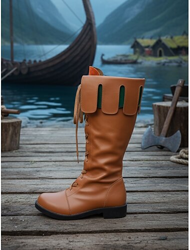  מגפי ויקינגים ימי-ביניימיים בגובה הברך עם שרוכים, דמוי עור חום לנשים, נעלי תחפושת רטרו רנסנס ללהקה, קוספליי, פסטיבלים &הופעות במה