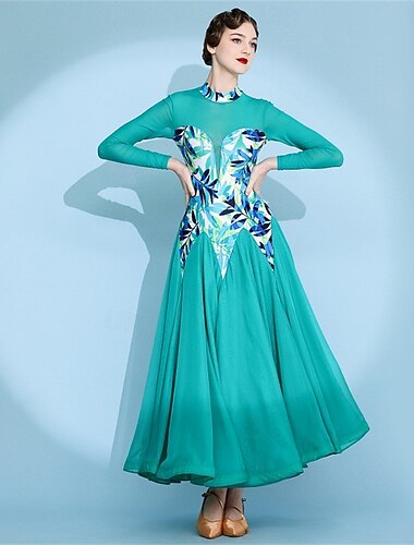  Ballsaal-Tanzkleid mit Blumendruck für Damen – langärmliges A-Linien-Kleid mit geometrischem Muster für Wettbewerbe, Latein- und Tanzveranstaltungen – grün&amp; Blau