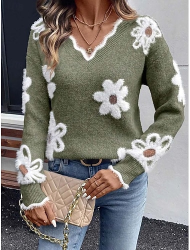  Damen Pullover Elegant Vintage Niedlich Blumen Zopfmuster V Ausschnitt Blumen Langarm Normale Oberteile Stricken Schule Outdoor Heim Blau Braun Frühling Herbst