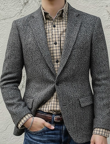 Blazer casual masculino de tweed para casamento, com gola entalhada, estilo casual, para escritório, estilo espinha de peixe, preto, cinza, ajuste padrão, abotoamento simples, um botão   Blazer casual masculino de tweed para casamento, com gola entalhada, estilo casual, para escritório, estilo espinha de peixe, preto, cinza, ajuste padrão, abotoamento simples, um botão