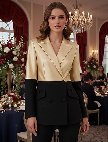 Blazer feminino preto e dourado, casaco esportivo formal para convidados de casamento, strass, elegante, manga comprida, lapela pontuda, abotoamento duplo   Blazer feminino preto e dourado, casaco esportivo formal para convidados de casamento, strass, elegante, manga comprida, lapela pontuda, abotoamento duplo