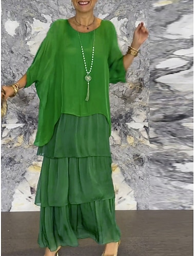  בגדי ריקוד נשים שמלת מקסי שמלת שיפט יום יומי יומי מונח בצורה רפויה אחיד שרוול 4\3 צווארון V שחור לבן פוקסיה תלתן אביב סתיו