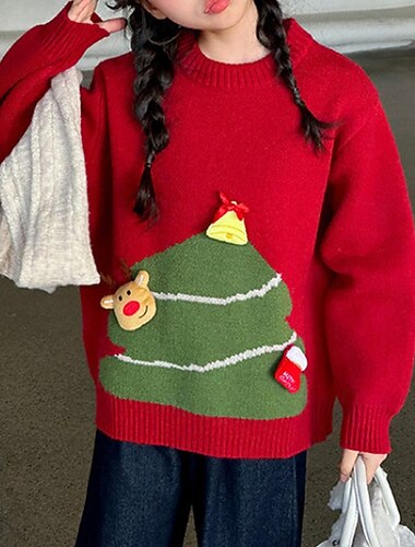 Дети Девочки Новогодняя тематика Рождественский свитер Новогодняя ёлка Новогодние подарки непечатаемый Длинный рукав Crewneck Мода 4 года + Осень Красный   Дети Девочки Новогодняя тематика Рождественский свитер Новогодняя ёлка Новогодние подарки непечатаемый Длинный рукав Crewneck Мода 4 года + Осень Красный