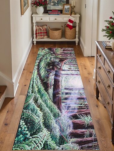  Waldweg-Läuferteppich für Flur und Küche weicher rutschfester maschinenwaschbarer Faux Cashmere Natur-Landschaftsteppich mit Waldlichtdesign gefallener Redwood von Dakota Daetwiler