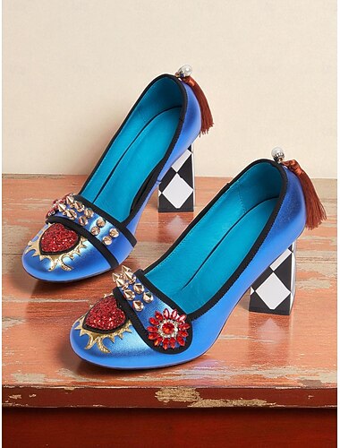  női kék díszes blokk sarkú cipők, luxus barokk ihletésű, feltűnő magassarkúk gálákra, Gatsby partikra és színpadi előadásokra