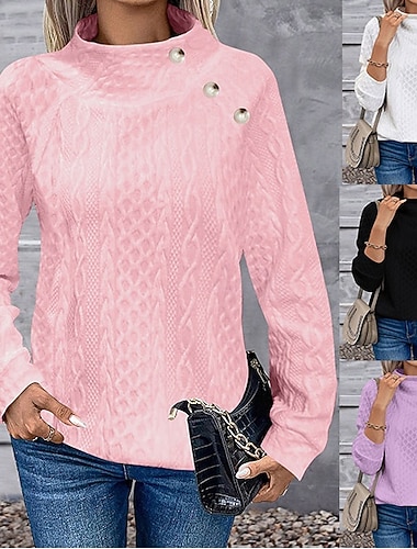  γυναικείο φούτερ κομψό μόδα χαριτωμένο μονόχρωμο ζιβάγκο κουμπιά ανάγλυφο μακρυμάνικο κανονικό μπλουζάκι πλεκτό εξωτερικούς χώρους εργασία σπιτιού μαύρο άσπρο άνοιξη φθινόπωρο